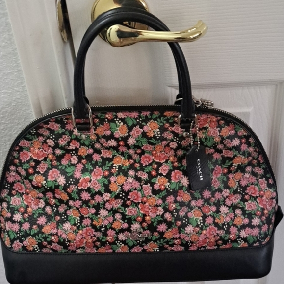 Coach Pink and Black Floral Leather & Canvas Satchel & Bonus Cherry Charm - Picture 11 of 16